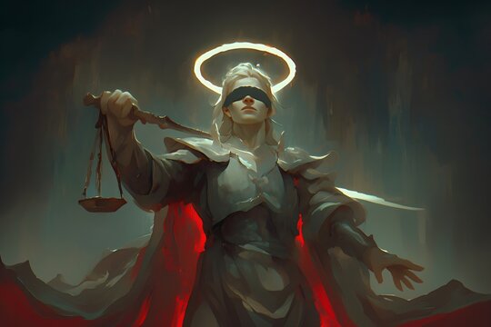 Blindfolded woman as Lady Justice holding scales for legal fairness and equity, symbolizing law, order, and unbiased decision making in the justice system.