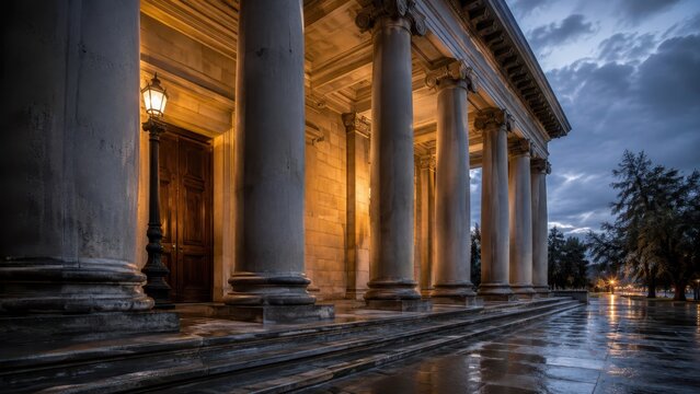 Classic portico facade with stone columns and warm evening lighting at dusk building exterior. Concept of classical architecture, stone pillars, entrance, illuminate, street lantern, colonnade.