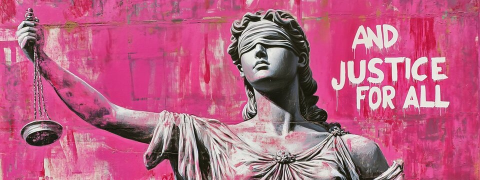 Lady justice statue blindfolded holding scale against a vibrant pink wall with text. Symbol of law and order for legal, fairness, and human right concept. Banner with copy space