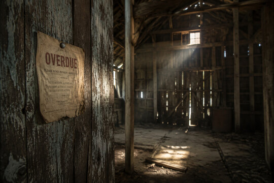Empty abandoned barn interior with dust motes in sunbeams.