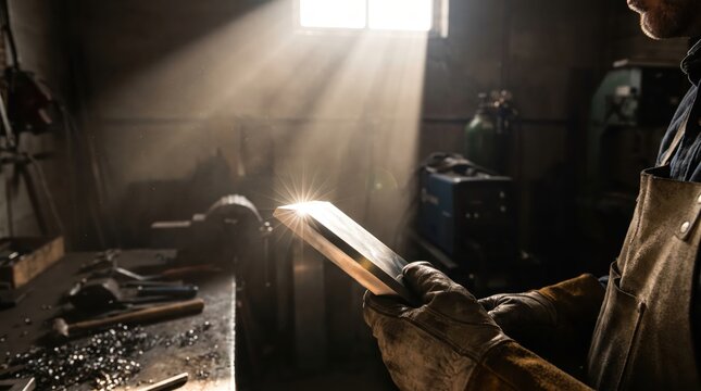 Blacksmith holding polished metal bar with sunlight ray reflection in dark workshop. Concept of edge, glint, glare, steel bar, metalworking. Copy space.