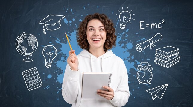 Happy excited female student holding notebook and pencil standing in front of blackboard with white educational doodles and blue paint splash, learning and education concept.