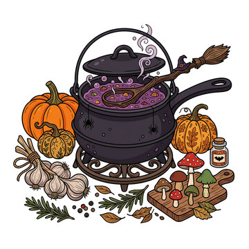 Hand-drawn autumn cauldron with bubbling potion surrounded by harvest vegetables and pumpkins on rustic table