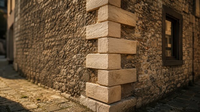 Stone quoin on old building wall architectural corner detail exterior in historic town street. Concept of stone masonry, masonry wall, old architecture, cobblestone street. Copy space.