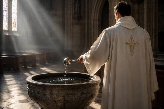 Priest in white robe blessing holy water at stone font, sanctifying ritual in empty church interior