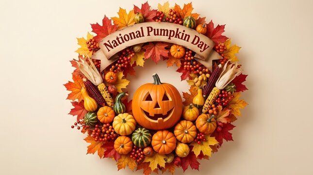 National Pumpkin Day autumn wreath with carved jack o lantern and fall leaves