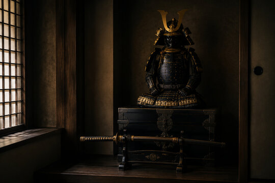Bushido still life with samurai armor and katana in dark alcove