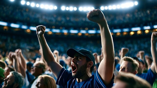Excited baseball fans cheering victory in stadium