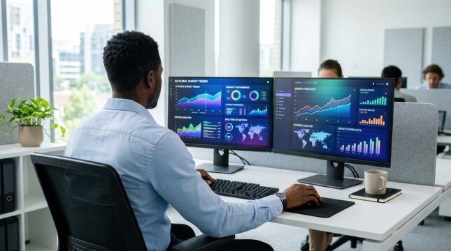 Businessman Analyzing Data on Multiple Monitors in Office Setting