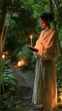 A candle-wielding Ethiopian woman on a Meskel garden walk