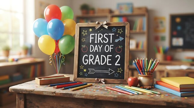 Chalkboard sign for the first day of second grade in a colorful classroom