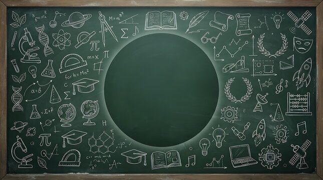Educational doodles of school subjects on a black chalkboard with copy space