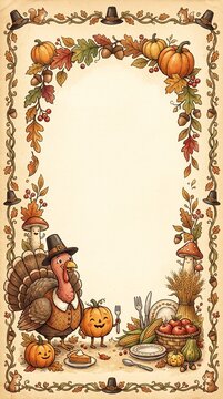 Vertical Thanksgiving harvest border featuring turkey, pumpkin pie, autumn leaves and woodland animals