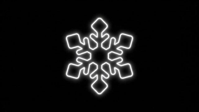 Glowing white neon snowflake icon on black background, winter holiday light symbol, minimalist electric ice crystal animation for Christmas