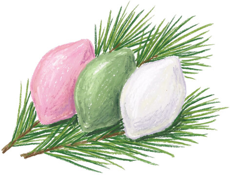 Colorful Korean traditional songpyeon rice cakes with pine needles oil pastel 추석 송편 명절 떡