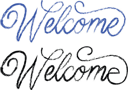Welcome hand lettering typography blue and black script design for greeting cards invitations.