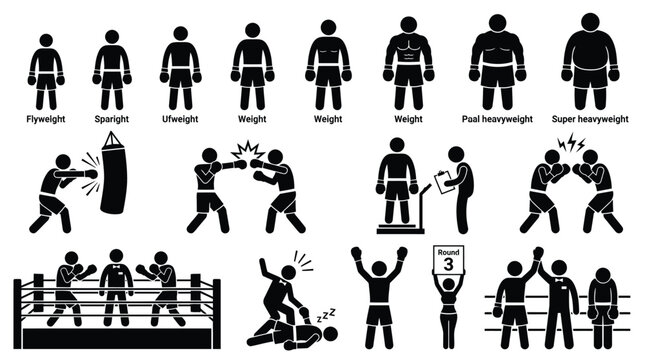 Professional boxing stick figure icon set showing various weight classes and match actions in vector design