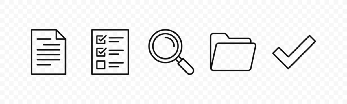 flat vector illustration line art icon bundle set design featuring document system auditing file checksheets search magnifiers open folders database sync
