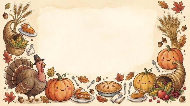 Wide Thanksgiving celebration scene with turkey, woodland animals, pies and autumn harvest decorations