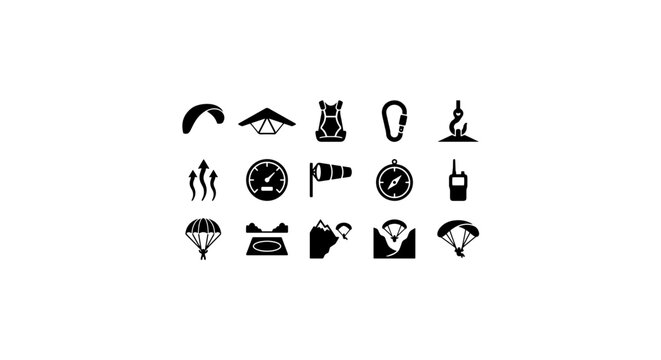 Paragliding and Adventure Sports Icons Set: Parachute, Compass, Carabiner, Wind Sock, Backpack