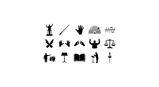 Music Conductor Icons Set, Orchestra Baton, Score, Gestures, Symphony Elements, Vector Graphics