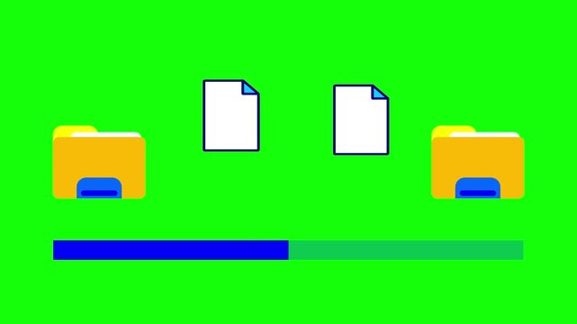 File sharing animation showing document moving between two folders with progress bar. Ideal for data migration and backup concepts on green screen background 4K.