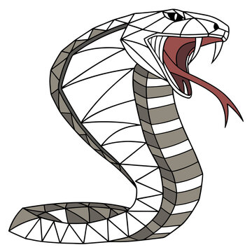 Geometric low poly cobra snake head with open mouth and fangs