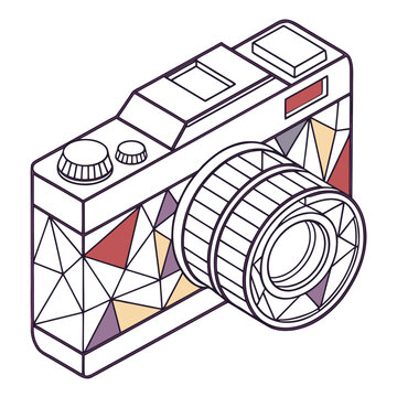Retro isometric photo camera with colorful geometric triangles