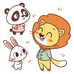 Fototapeta premium Cute cartoon animals standing together panda lion and rabbit