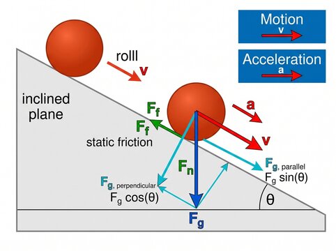 Sphere Rolling Down an Inclined Plane Physics Vector Diagram Showing Motion and Acceleration, vector isolated on white