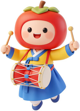 Cute 3D clay style Korean girl in colorful hanbok cheerfully playing the janggu traditional drum