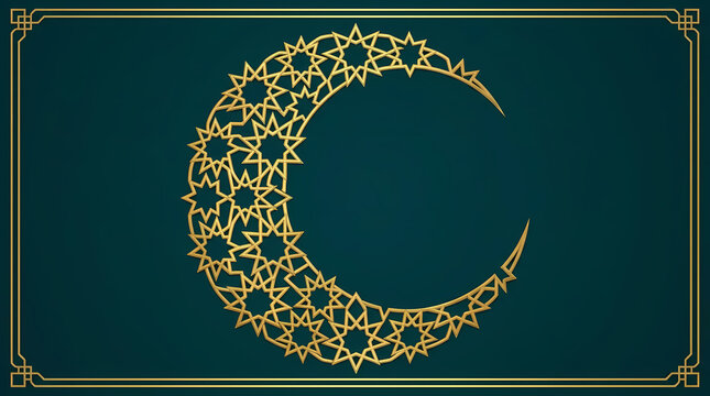 Golden crescent moon with intricate Islamic geometric pattern on a dark teal background.