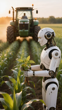 Humanoid farm robot examines a green plant beside tractor, representing artificial intelligence and future agriculture.