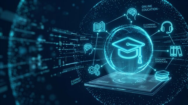 Glowing blue digital hologram icon of graduation cap surrounded by e-learning icons on dark background, online education, university tech, and webinar concept.
