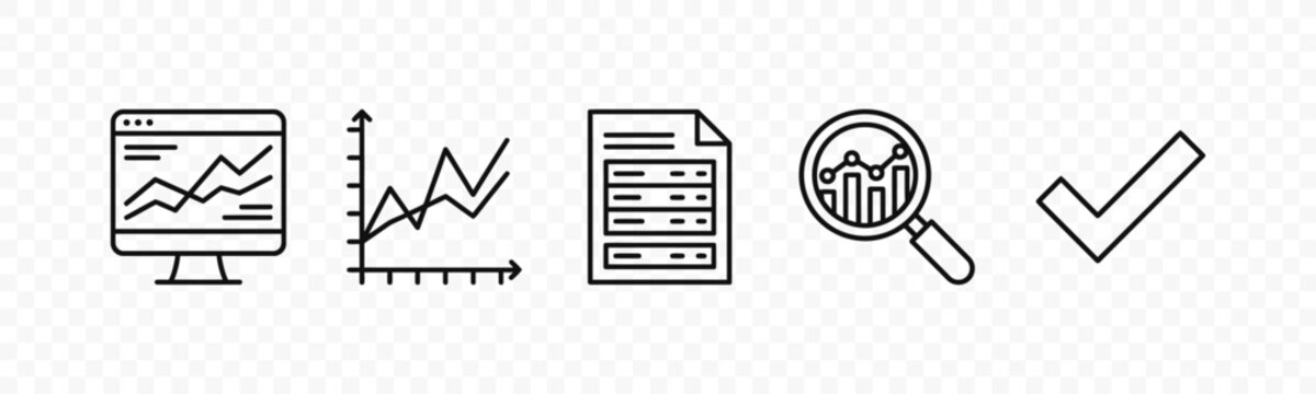 flat vector illustration line art icon bundle set design featuring web analytics dashboards performance line charts report files and magnifying conversion audits