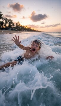 Child catching by wave in ocean water. Little boy screaming while struggling in sea surf. Risk of drowning, accident at beach and water safety awareness campaign for parental supervision.