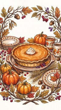 Pumpkin pie surrounded by autumn leaves, pumpkins and harvest decorations in a vintage Thanksgiving illustration