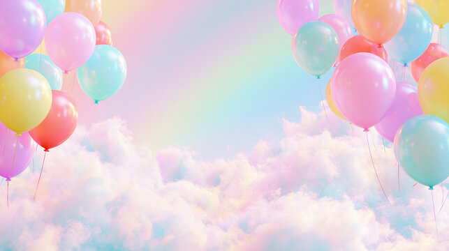 Dreamy Pastel Background with Soft Cloud Bed and Colorful Balloons