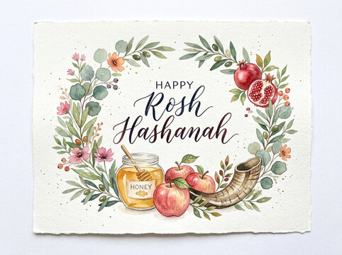 Rosh Hashanah greeting card design, apple and honey illustration, floral wreath with shofar, watercolor vector art for holiday invitation