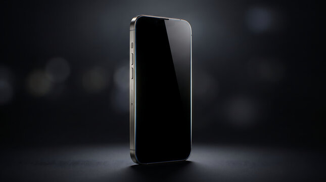 Modern smartphone with blank screen standing upright on a reflective surface transparent background