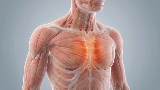 Medical 3D illustration of a woman visualizing chest muscle pain and shortness of breath. Chest pain heart condition concept.Human anatomy heart chest skeleton rib artery vein medical doctor touch 