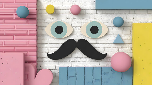 Funny face with mustache and eyes on a colorful geometric brick wall