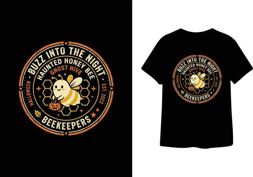Buzz into night bee beekeeper holding pumpkin with honeycomb background design for haunted honey bee ghost hive halloween and nature lovers apparel.