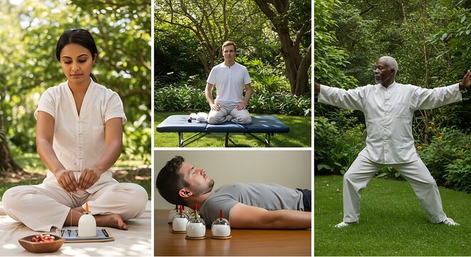 Diverse Wellness Practices: Acupuncture, Cupping, and Tai Chi in Nature.