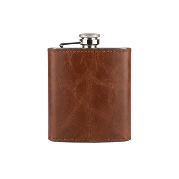 Leather Hip Flask, Brown Steel Bottle for Liquor, Alcohol Drinking Accessory, Vintage Metal Container in Case, Old Fashioned Isolated Object