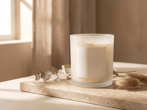 Scented candle in frosted glass jar with blank label for branding design on stone tray transparent background