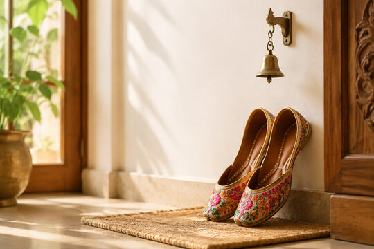 Colorful embroidered jutti shoes on jute mat with brass bell, entryway decor concept
