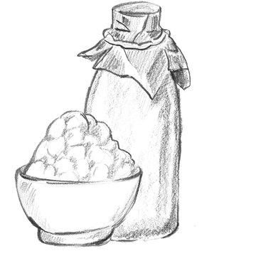Pencil sketch set of a bowl of fresh sheep cottage cheese and a rustic craft milk bottle. Ideal for farm-to-table branding and organic dairy product labels.