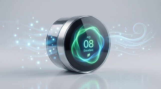 Smart air quality monitor device displaying low AQI index with clean breeze flow in futuristic design