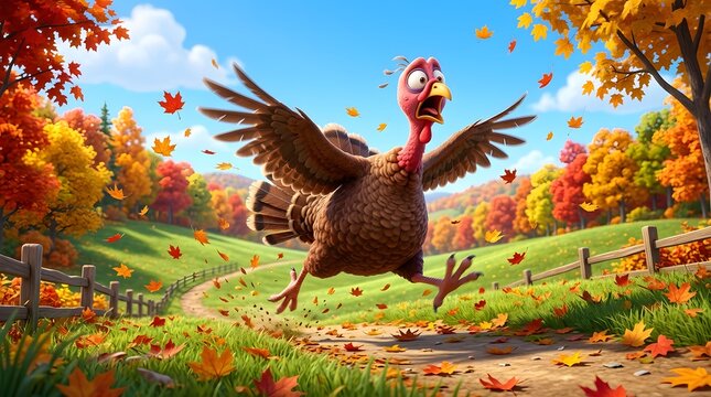 Funny turkey running away in a colorful autumn field